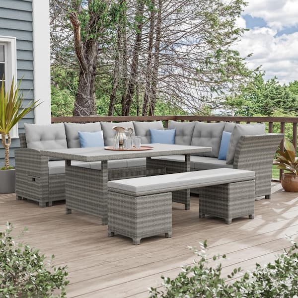 GREEMOTION Malia Gray 6-Piece Wicker Modular Outdoor Sectional with Gray Cushions and Ottoman/Bench