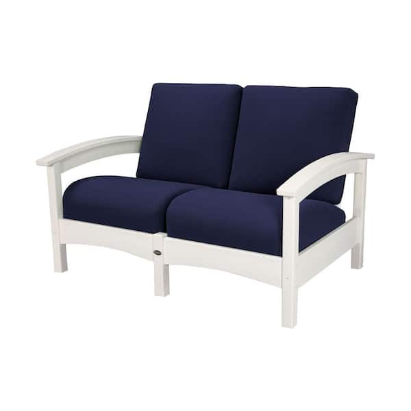 Trex Outdoor Furniture Rockport Classic White All-Weather Plastic Outdoor Lounge Chair with Sunbrella Navy Cushion