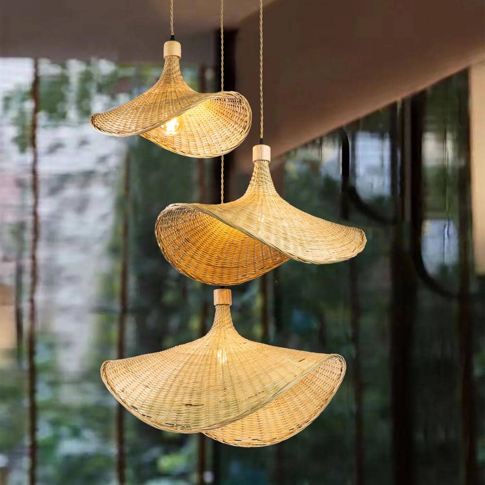 Island-Vibe Triple Hat-Shaped Rattan Pendant Light - Tan