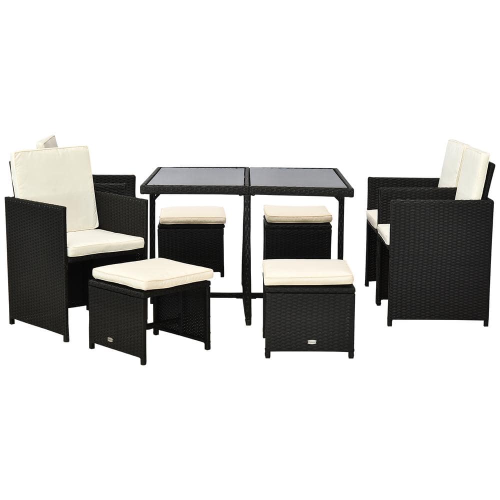 Compact 9-Piece Black Wicker Outdoor Dining Set with Cream Cushions