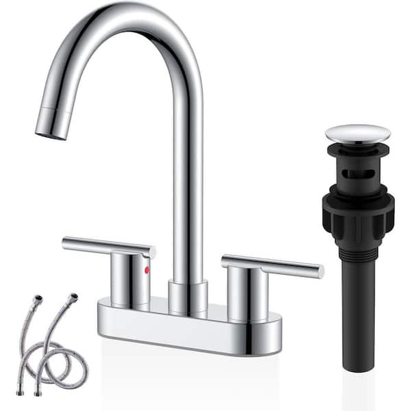 Pdpbath 4 in. Centerset Double Handle Bathroom Faucet with Pop Up Drain and Water Supply Lines in Chrome