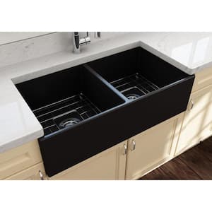 Contempo Farmhouse Apron Front Fireclay 36 in. Double Bowl Kitchen Sink with Bottom Grid and Strainer in Matte Black