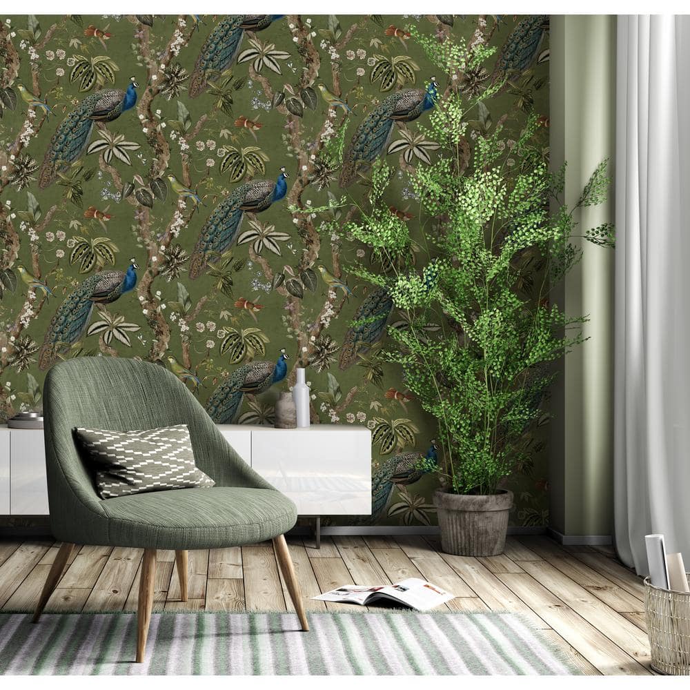 Cassia Peacock Green Non-Woven Botanical Wallpaper