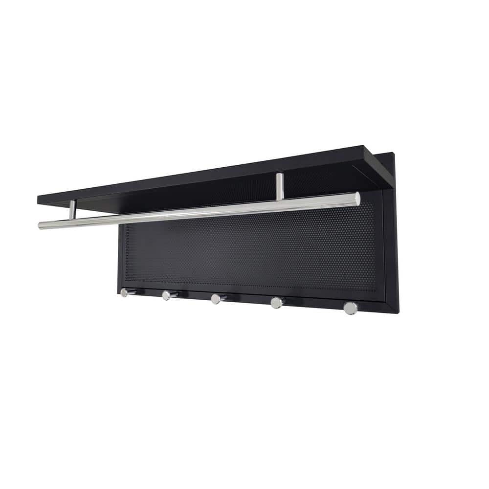 Black Metal Wall Mounted Shelf with Chrome Hooks
