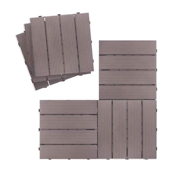 Amucolo 1 ft. x 1 ft. Square Plastic Composite Flooring Tile Deck Tile in Coffee, Striped Pattern (9-Pack)