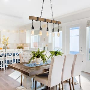 Modern Farmhouse 5-Light 35.5 in. Brown Linear Chandelier with Faux Wood Accents Kitchen Island Pendant Light