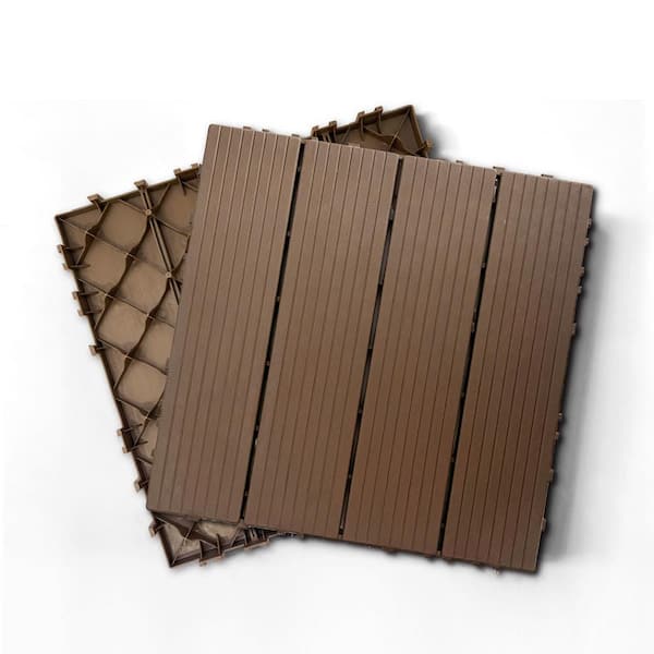 Tunearary 12 in. x 12 in. Outdoor Garden Line Stripe Light Coffee Interlocking Plastic Composite Outdoor Decking Tiles, 35-Pieces