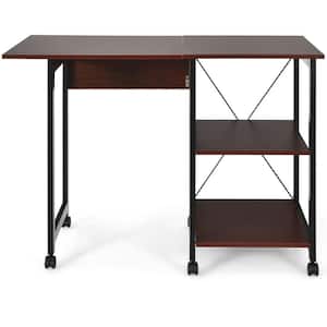 42 in. W Rolling Computer Desk Folding Writing Office Desk with Storage Shelves in Brown