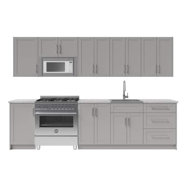 NewAge Products 14-Piece Home Kitchen Gray Particle Board Shaker Stock Assembled Kitchen Cabinet Set (123.25 in. x 84 in. x 25.5 in.)