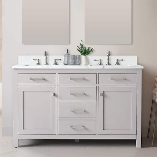 Jasper 54 in. W x 22 in. D Bath Vanity in Taupe with Engineered Stone Vanity Top in Carrara White with White Sinks