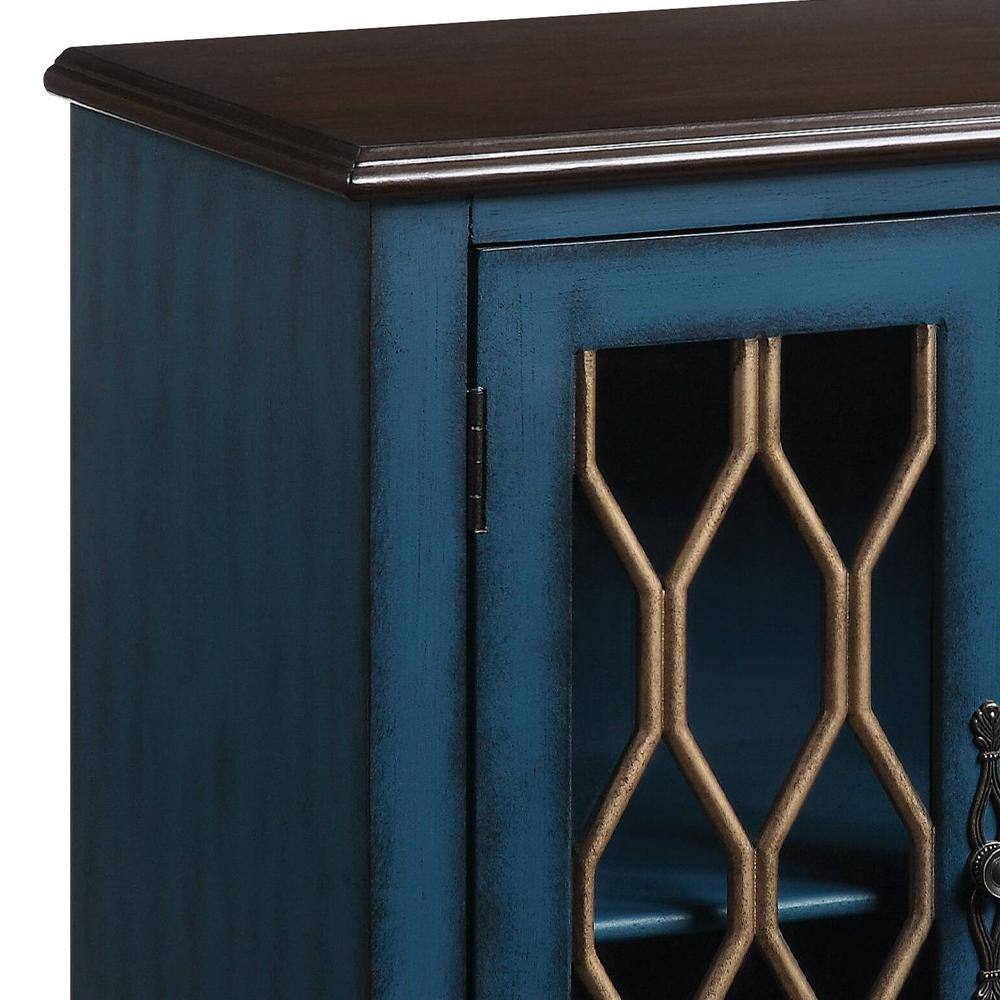 Antique Blue Wooden Console Table with Glass Accents and Storage