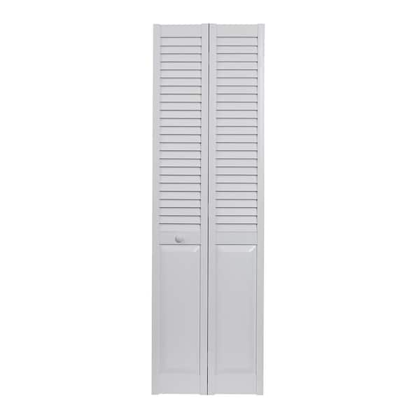 Pinecroft 30 in. x 80 in. Seabrooke Louver Over Panel White Hollow Core PVC Vinyl Interior Bi-Fold Door