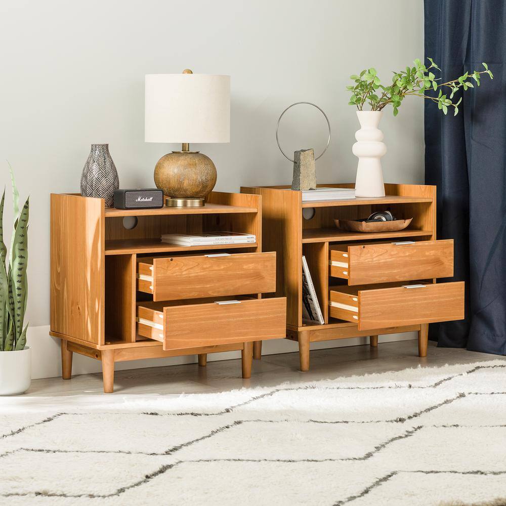 Welwick Designs 2-Drawer Caramel Set of 2 Solid Wood Mid-Century Modern ...