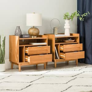 2-Drawer Caramel Set of 2 Solid Wood Mid-Century Modern Nightstands with Tray Top [25.5 in. H x 25 in. W x 16 in. D]