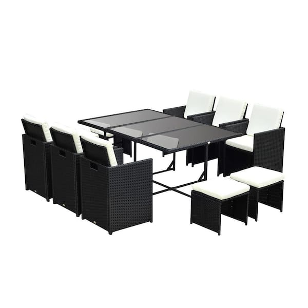 Outsunny Black Plastic Wicker Rattan Patio Conversation Set with 6 Chairs, 4 Footstools, and 1 Table