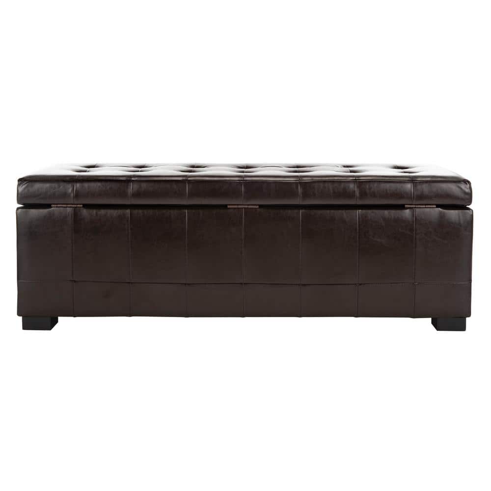 Large Brown Leather Storage Bench with Button Tufts