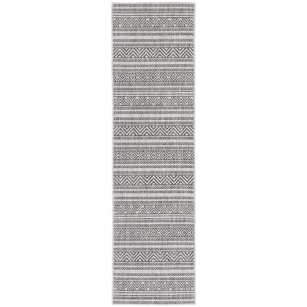 Courtyard Black/Gray 2 ft. x 10 ft. Striped Diamond Chevron Indoor/Outdoor Runner Rug