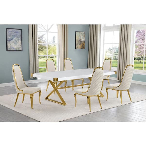 Best Quality Furniture 7pc Large 94 White Wood Top Dining Set with Gold Base and 6 Cream Side Chairs