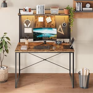 40 in. Rustic Brown Computer Desk with Hutch and Power Outlet,Home Office Desk with RGB LED Lights and Pegboard