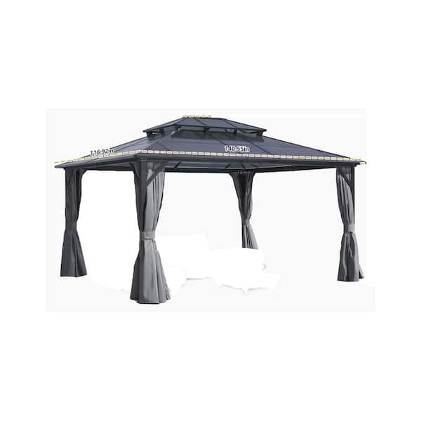 10 ft. x 12 ft. Outdoor Hardtop Gazebo Double Roof Canopy with Curtains, net and Aluminum Frame Roof in Gray