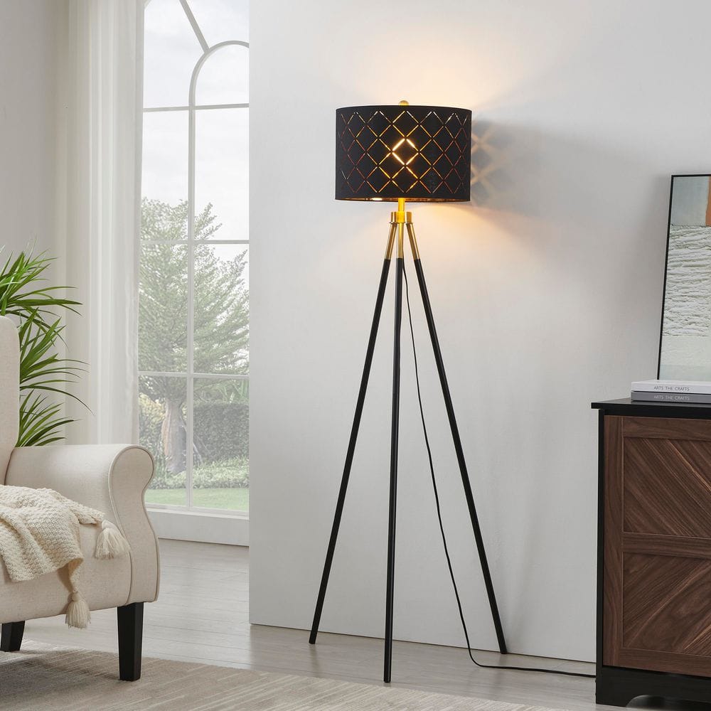 KAWOTI 62 in. Black and Brushed Gold Modern 1-Light Tripod Floor