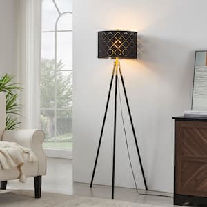 Cresswell 61.25 in. Black Metal Tripod Floor Lamp with Linen Shade