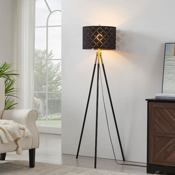 62 in. Black and Brushed Gold Modern 1-Light Tripod Floor Lamp for Living Room with Fabric Drum Shade