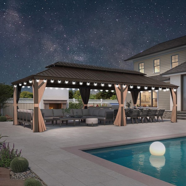 12 ft. x 28 ft. Bronze Patio Outdoor Gazebo for Backyard Hardtop Aluminum Frame, Hooks, Netting, Khaki Curtain,48-Lights
