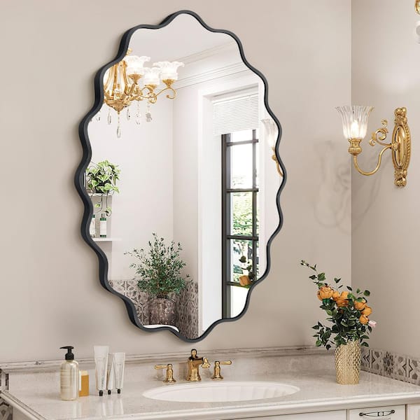Hochwertiges 24 in. W x 36 in. H Oval Black Aluminum Alloy Framed Scalloped Wavy Wall Mirror