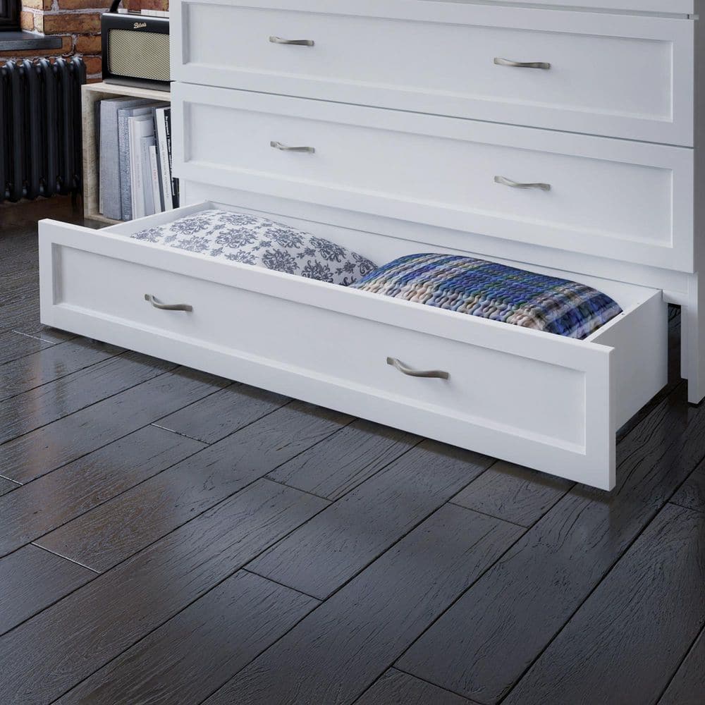 White Wood Frame Full Murphy Bed Chest with Storage Drawer