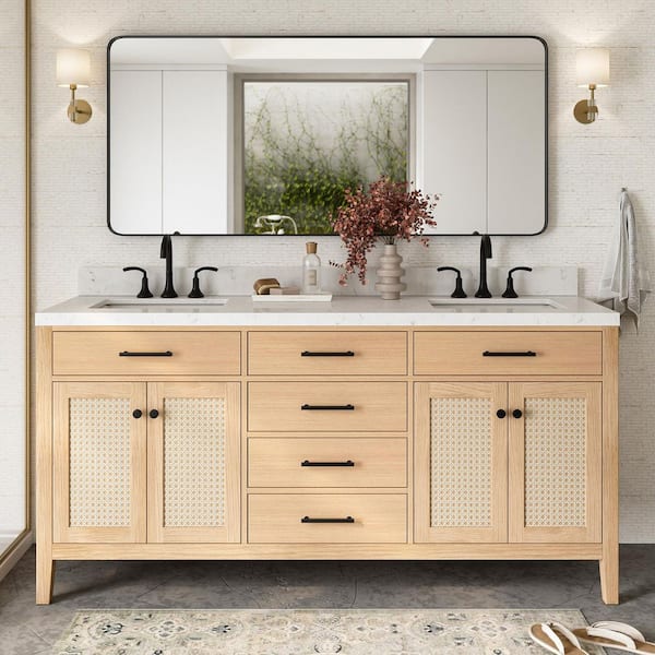 Camila 72 in. W x 22 in. D x 36 in. H Double Rectangle Sink Bath Vanity in White Oak with Carrara White Quartz Top