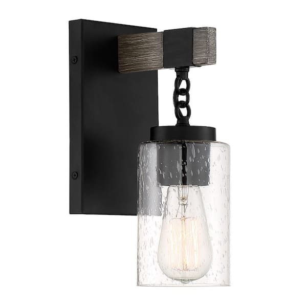 Designers Fountain Fulton 4 in. 1-Light Matte Black Industrial Wall Sconce with Clear Seedy Glass Shade