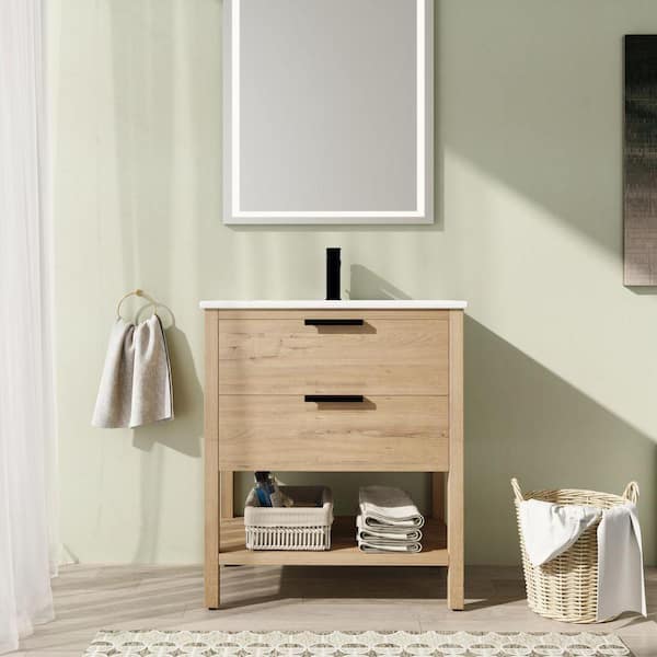 30 in. Freestanding Single Oak Bath Vanity with White Ceramic Top Unassembled