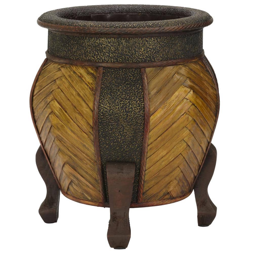 Rustic Multi-Textured Round Wooden Planters, Dark & Light Brown, Set of 2
