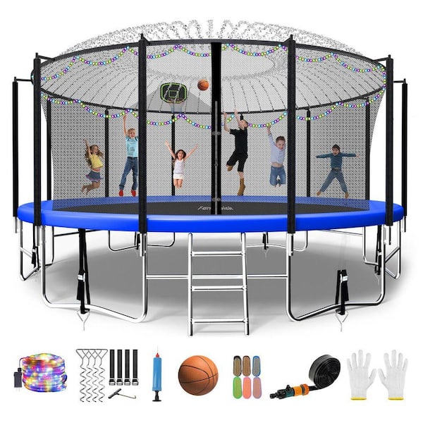16 ft. Round Trampoline Set with Basketball Hoop, Safety Enclosure, Sprinkler, Lights, Socks and Wind Stakes