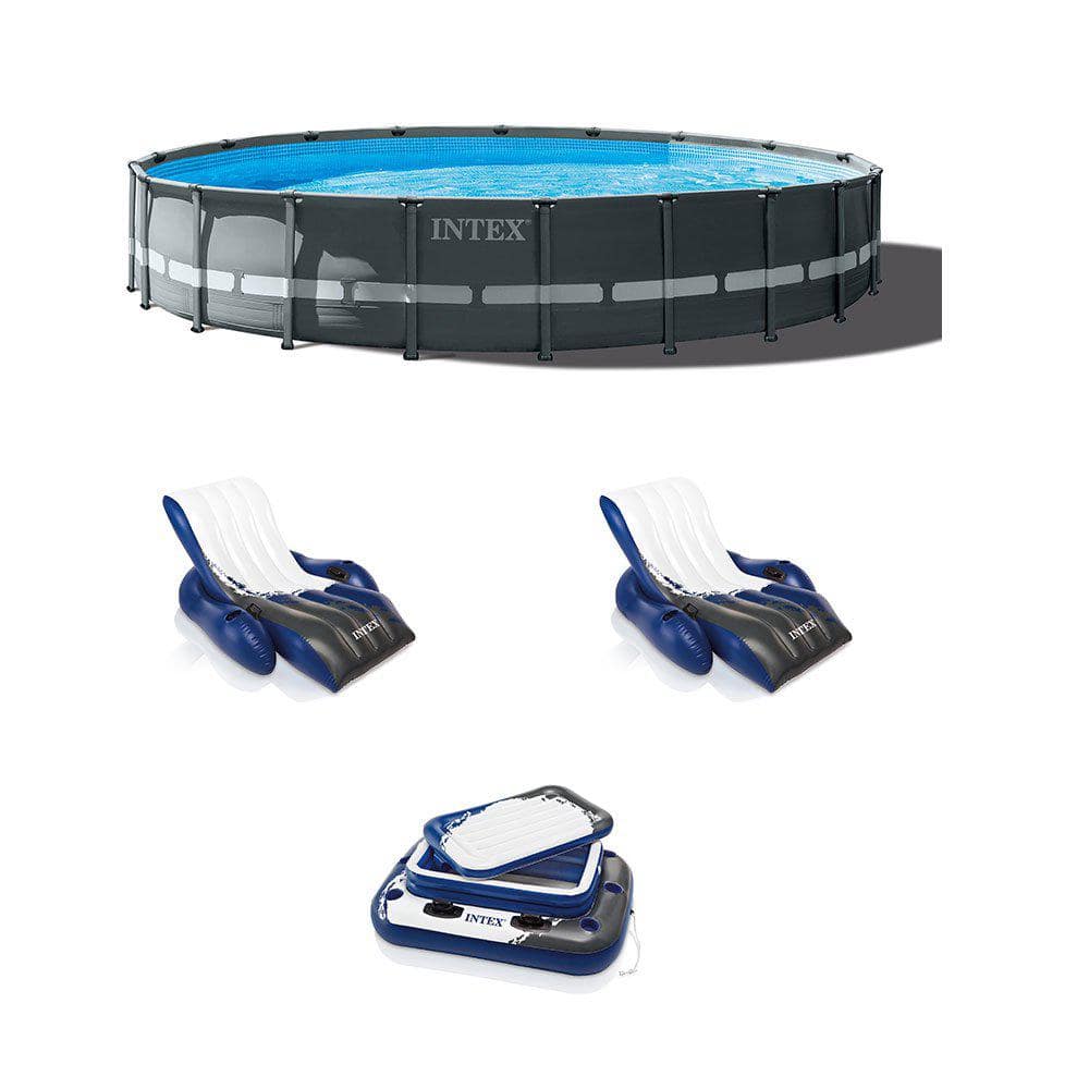 Intex 20 ft. L x 20 ft. W x 48 in. H Round Above Ground Pool with Pump, Ladder, Inflatable Lounger Chair (2) and Cooler, Gray -  26333EH