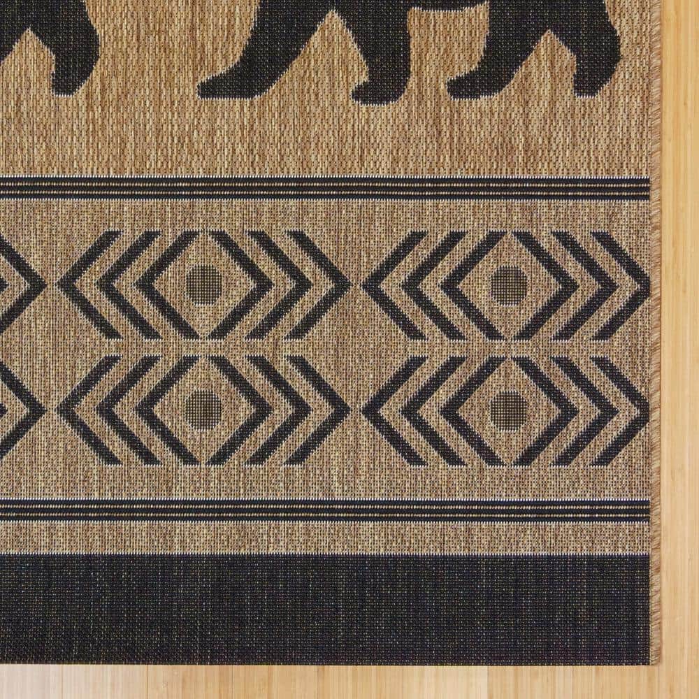 Chestnut Brown and Black Synthetic Bear Print Outdoor Rug