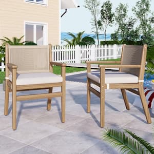 JUJABU Light Brown Acacia Wood Outdoor Dining Chair with Beige