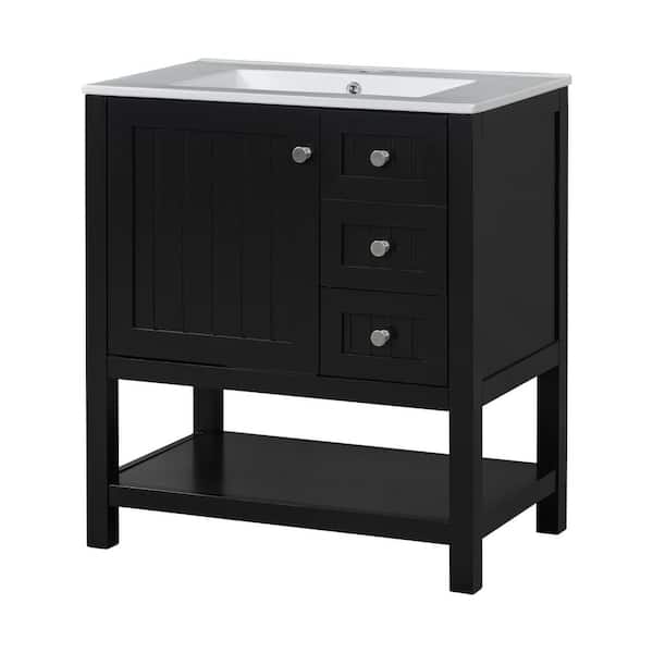 30 in. W x 18.3 in. D x 33.59 in. H Freestanding Bath Vanity in Black with White Ceramic Top