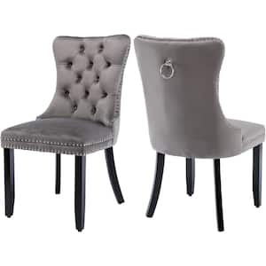 Luxury Gray Velvet Dining Chairs Set of 2, Tufted Upholstered Wing Back Chairs with Back Ring Pull, Nailhead Trim