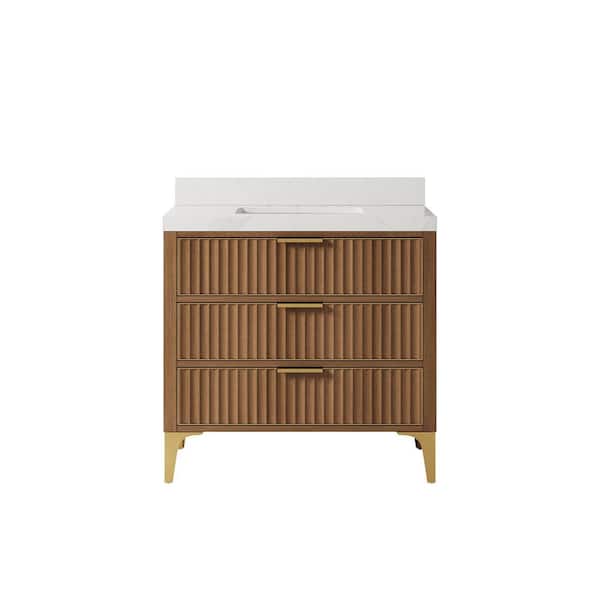 36 in. Solid Oak Wood Bath Vanity in Walnut with White Calacatta Quartz Top Soft-Close Drawers Assembled