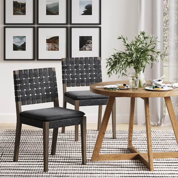 Cohen 19 in. Wood Mid-Century Modern Upholstered Dining Chair with Hand Woven Faux Leather Backrest, Black, Set of 2