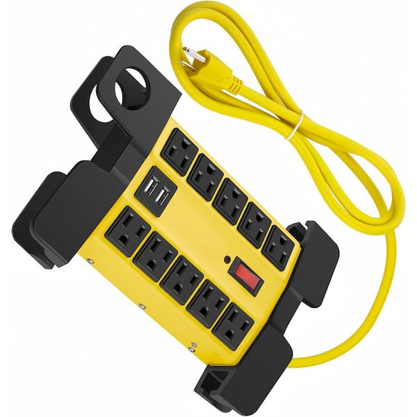 6 ft. Extension Cord 10-Outlet Heavy-Duty Power Strip in Yellow with USB Ports and Wide Spaced Outlet