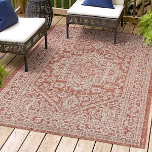 Sinjuri Medallion Red/Taupe 3 ft. 1 in. x 5 ft. Textured Weave Indoor/Outdoor Area Rug