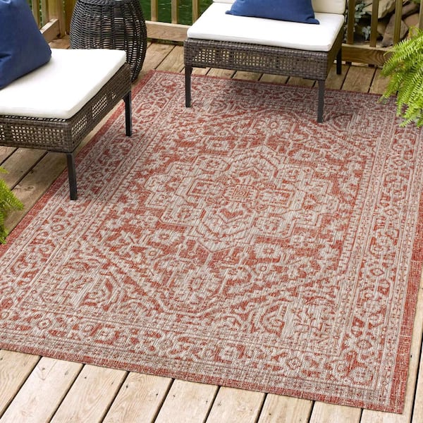 JONATHAN Y Sinjuri Medallion Red/Taupe 7 ft. 9 in. x 10 ft. Textured Weave Indoor/Outdoor Area Rug