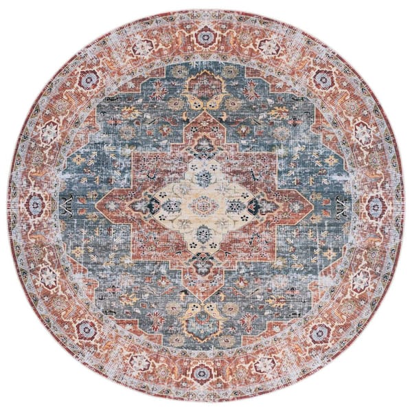 SAFAVIEH Arizona Rust/Blue Green 6 ft. x 6 ft. Border Ornate Machine Washable Round Area Rug