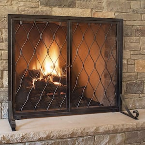 Indus. 44 Wide, Wrought Iron Freestanding Flat Fireplace Screen w/ Doors.  Heavy Duty, with Feet. Mesh Screen, Modern Mission Style, Brown Metal