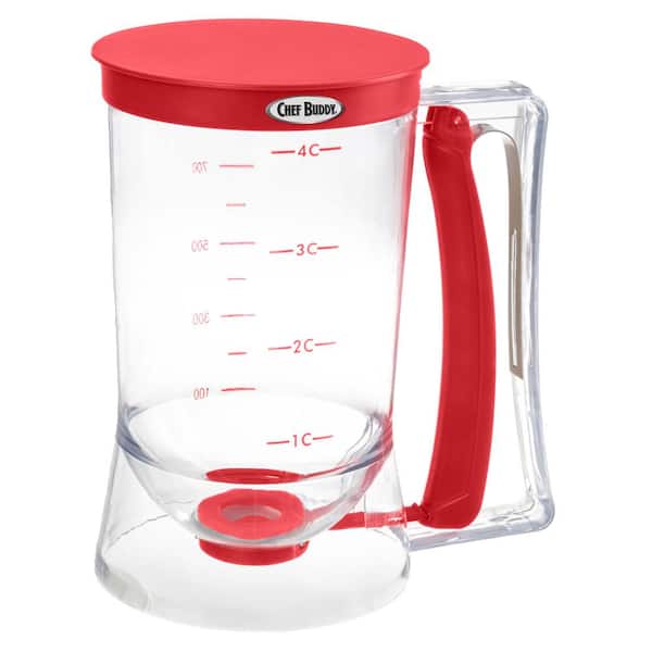 4-Cup Batter Dispenser with Squeeze Handle for Pancakes, Waffles, Muffins, and Crepes-Red Measuring Cup Dispenser