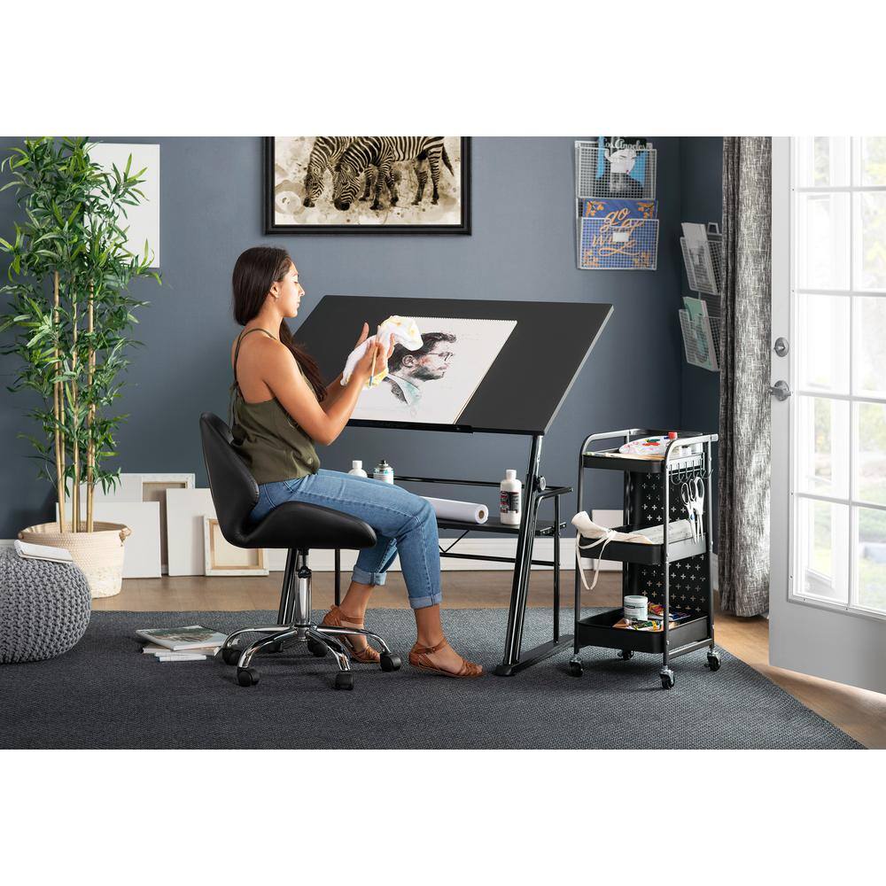 Contemporary Black Wood Adjustable Drafting Table with Storage