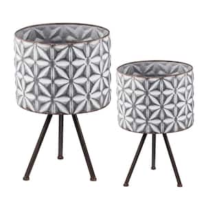 17 in./19 in. Gray Round Galvanized Farmhouse Planter Metal Planter Stand (Set of 2)